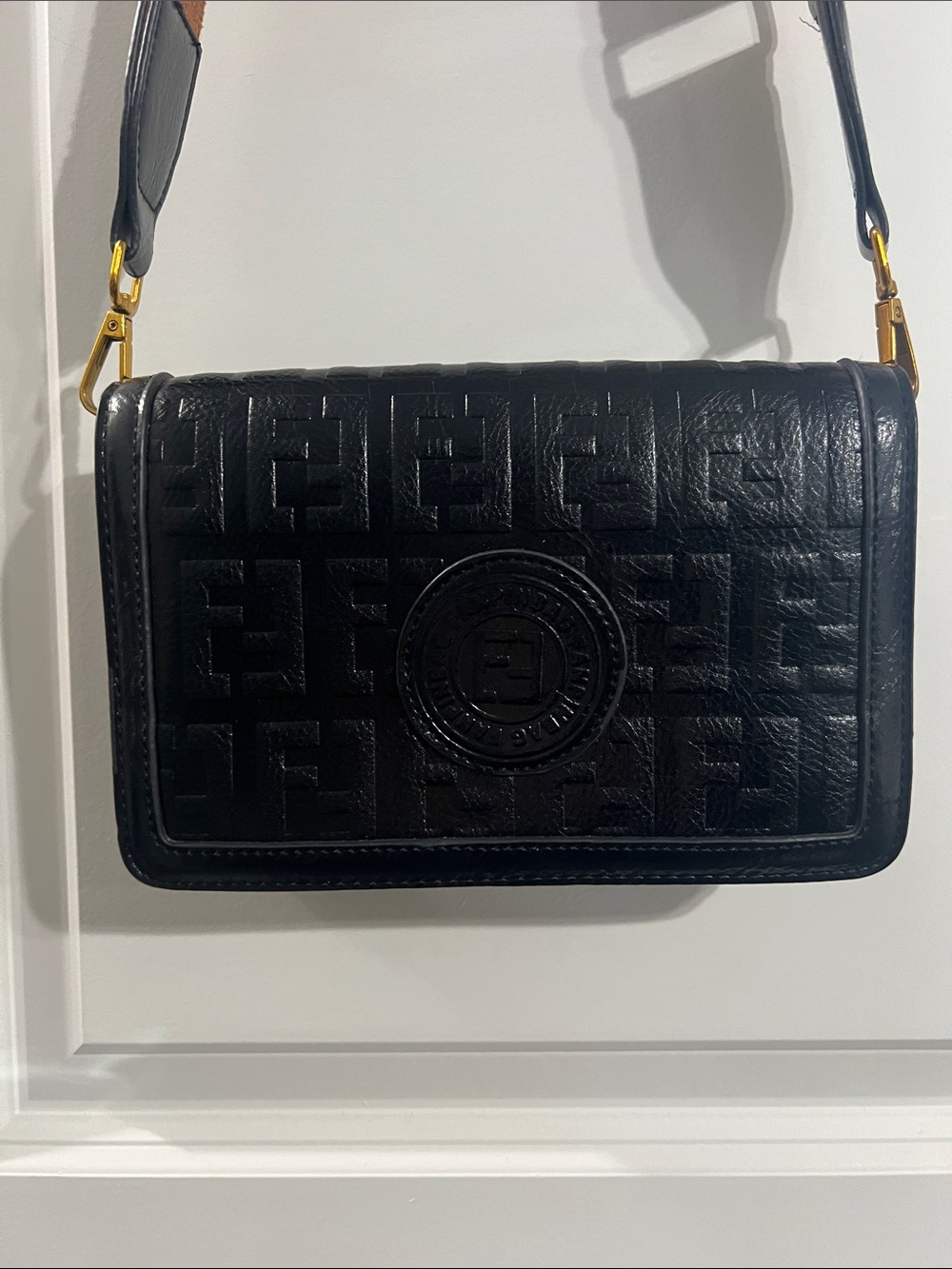 Black Embossed Leather Crossbody Bag with Brown Logo Strap - Picture 3 of 6